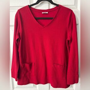 J Jill Womens Red ribbed  V-Neck Long Sleeve Top Pockets Medium Button Detail